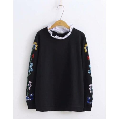 Plus size black floral Embroidered sweatshirt femme 2018 spring autumn ruffled collar Long sleeves hoodies women tops pullovers