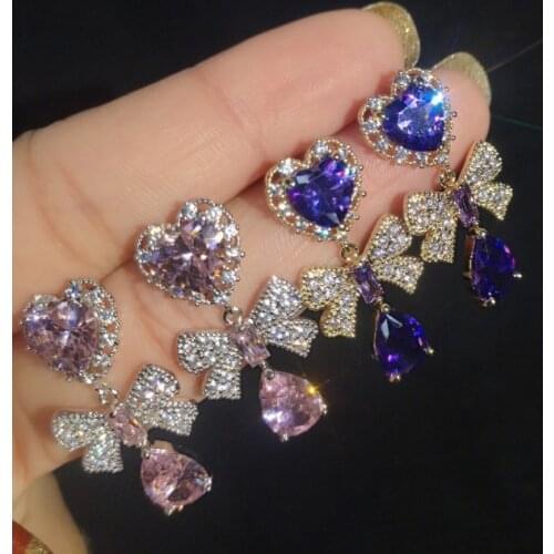 Korean Fashion Wild Micro-inlaid Zircon Ladies Earrings Heart-shaped Earrings Bow Drop Earrings Female Party Jewelry