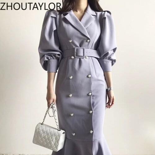 ZHOUTAYLOR Woman Dress Autumn Notched Collar Mid-Calf Vestidos Fenale Office Lady Double Breasted Full Sleeve Femme Dresses