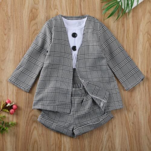 3PCS 1-6Y Infant Baby Girls Kids Clothes Sets Formal Outfit Short Sleeve Tops Pants Plaid Coat