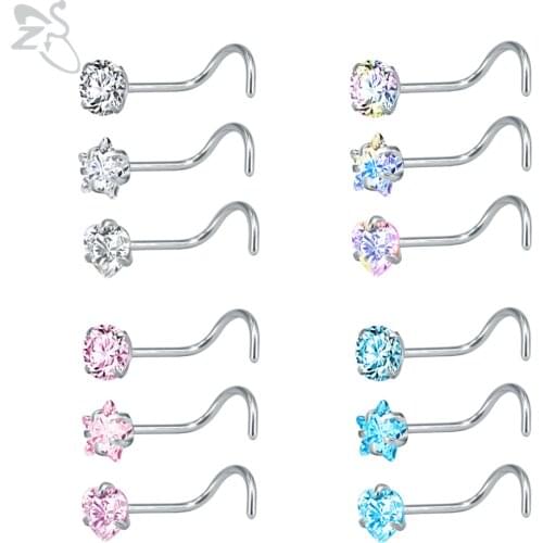 ZS 9-12PCS 316L Stainless Steel Nose Stud Sets Colorful 3mm CZ Crystal Nose Piercing 20g Bone/L Shaped/Nose Screws Nose Ring Set