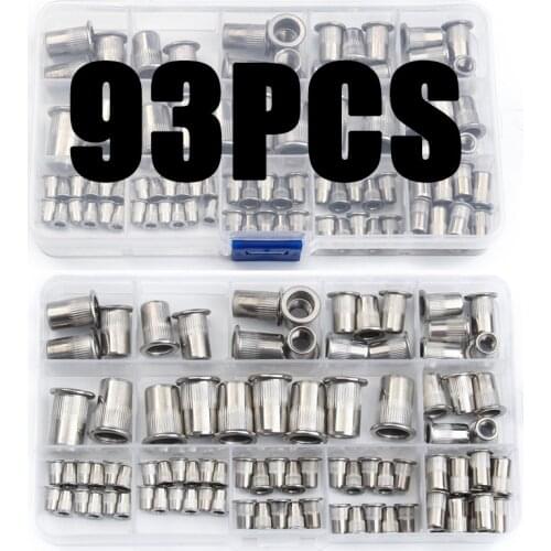 93Pcs M3 M4 M5 M6 M8 M10 Flat Head Stainless Steel Rivet Nuts Set Insert Reveting Multi Size Stainless Steel Rivet Nuts Set