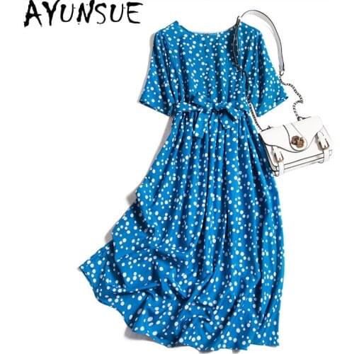 AYUNSUE Woman Dress Summer Silk Polka Dot Midi Dress 2021 Beach Party Ladies Dresses Korean Blue Vestidos De Verano KJ7063