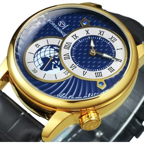 Forsining Hemisphere Dial Design Automatic Watch Men Luxury Luminous Hands Mechanical Watches Mens Genuine Leather Band Clock