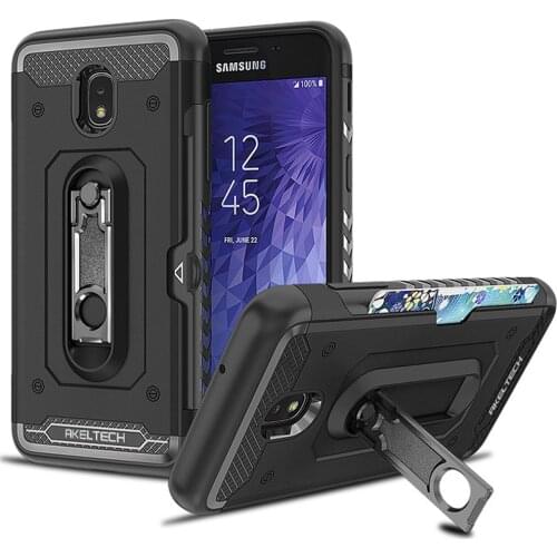 For Samsung Galaxy J3 2018/J3 Achieve/J3 V 3rd Gen/Eclipse 2/Star Case Dual Layer Armor Metal Kickstand & Card Holder Back Cover