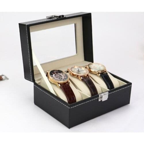 Black Pu Leather 3-Digit Watch Storage Box with Glass Cover Watch Collection Display Box Bracelet Storage Box