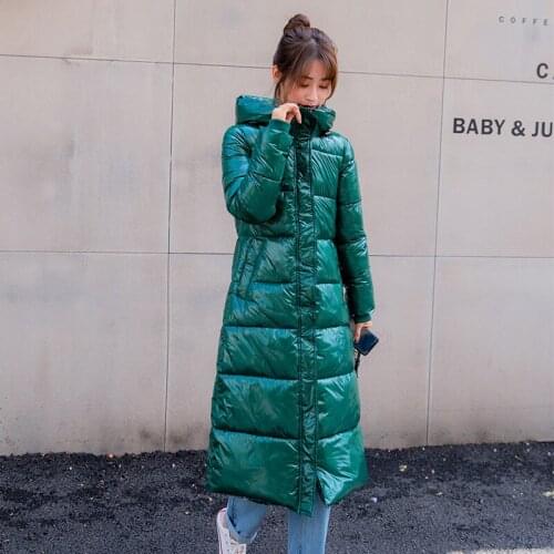 2021 Long Slim Stand Glossy Down Parka Jacket Coat Fashion Winter Women Warm Hooded Parka Outerwear Female Casacas Para Mujer