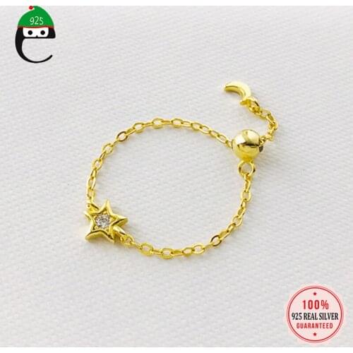ElfoPlataSi Authentic 925 Sterling Silver Sweet Star Moon Beads Chain Open Finger Ring For Women Wedding Party Jewelry DA2034