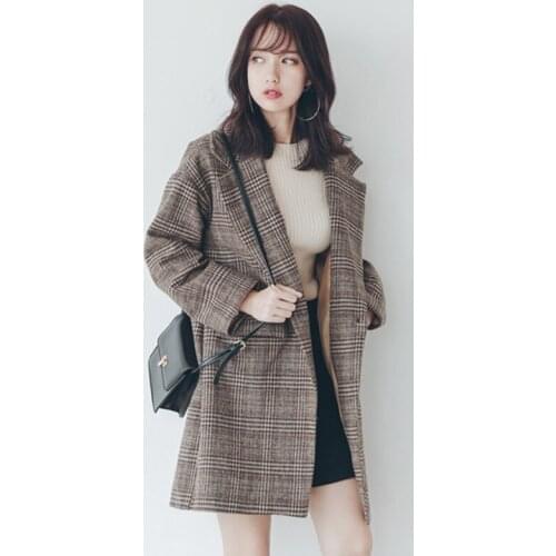 Korean Fashion Thick Plush Plaid Coats Loose Lapel Mid-Length Long Office Lady Casual Commute Outcoats Single Button Overcoats