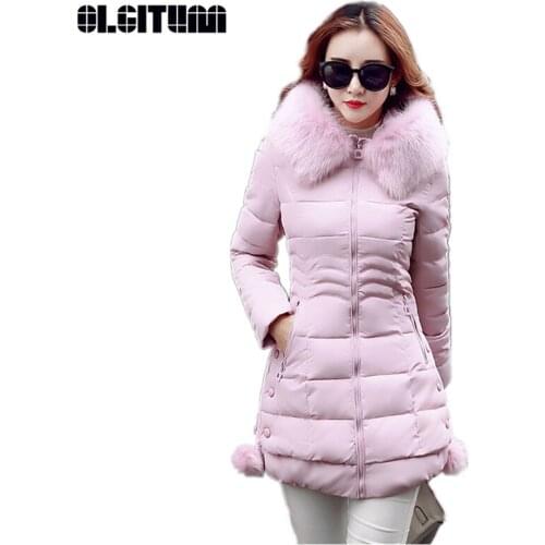 M-3XL Winter New Ladies Long Coat with Pocket Zipper Hair Ball 2020 Slim Large Fur Collar Warm Women Cotton Jacket