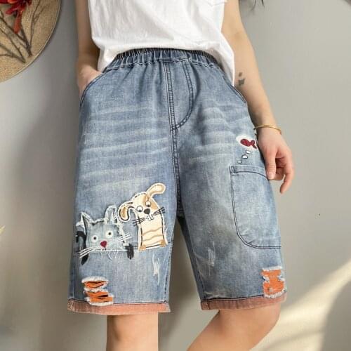 Korean Fashion Baggy Shorts Jeans Women Streetwear High Waist Denim Shorts Cartoon Patchwork Ripped Distressed Jeans Pants Mujer