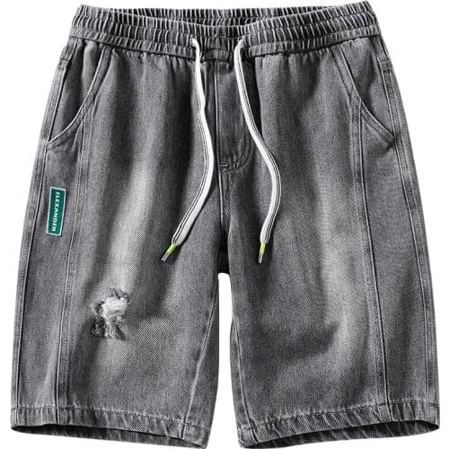 2021 Summer Trend Brand New Denim Shorts Mens Thin Cotton Stretch Ripped Jeans Korean Version of The Trend Half-cut Sweatpants