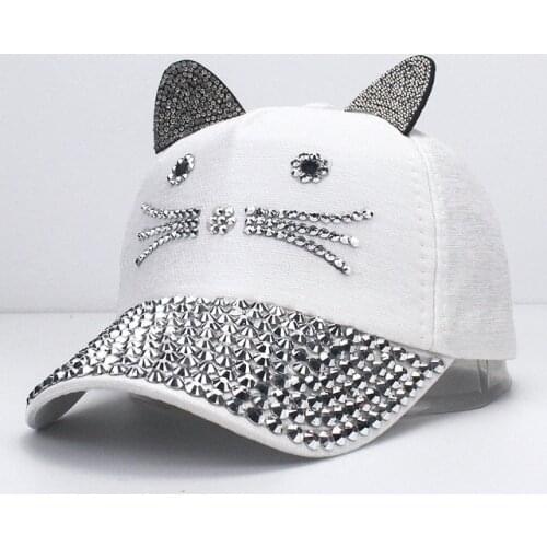 New Kids Rhinestone Baseball Caps Girls Baby Cartoon Hip-hop Solid Snapback Hat with Two Diamond Ears Summer Adjustable Sun Hats