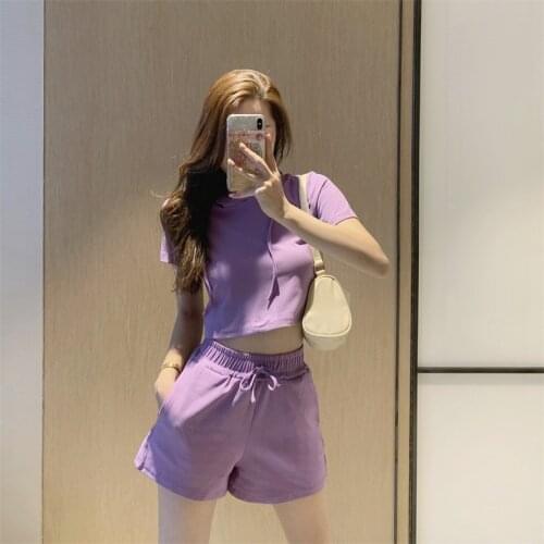 Pure color ladies net red foreign air casual fashion sportswear suit women 2020 summer new short-sleeved shorts running two-piec
