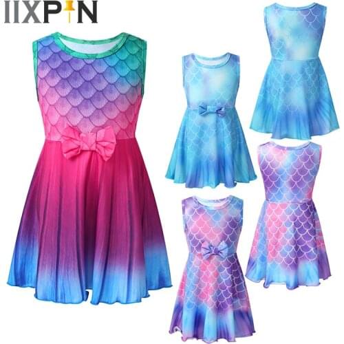 Round Neck Kids Girls Sleeveless Glossy Mermaid Dress Halloween Dress Up Cosplay Costume Modern Dance Dresses Ballet Tutu Skirt