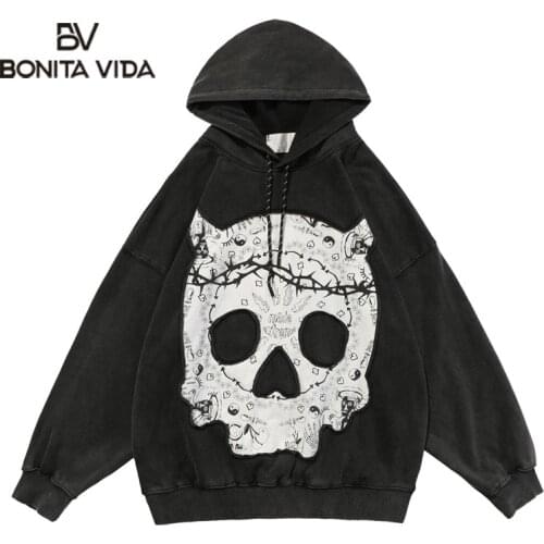 Bonita Vida Hooded Sweatshirts Skull Embroidery Patchwork Pullover Hoodies Streetwear Hip Hop Punk Rock Gothic Casual Tops