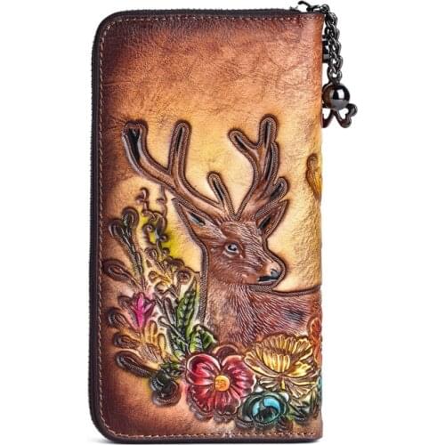 Leather Wallet Women Luxury 2021 Deer Embossing Womens Purse Brown Red Black Bags Porte Feuille Femme Luxe First Layer Cowhide