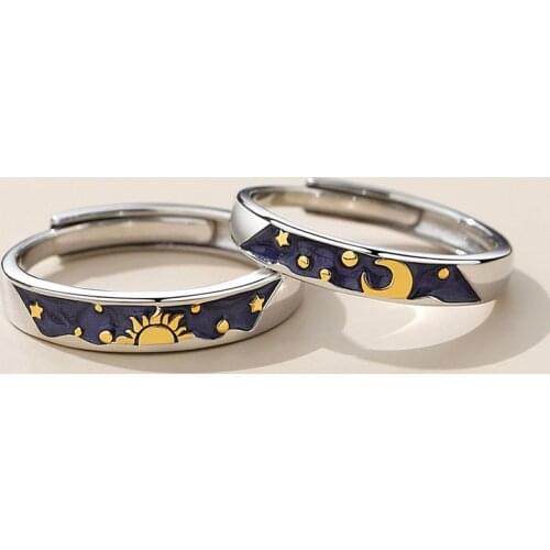 Silvology 925 Sterling Silver Sun Moon Lovers Rings Original Design Enamel Creative Engagement Couple Rings 2021 Wedding Jewelry