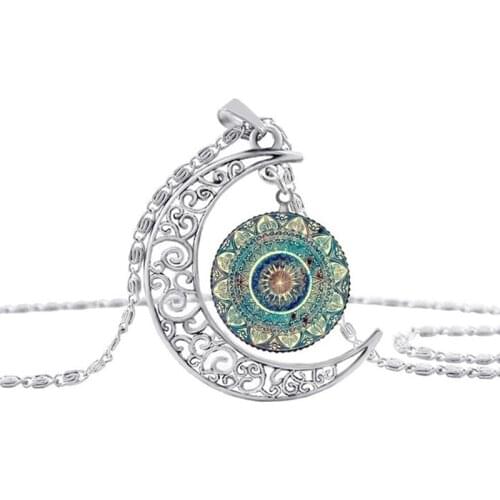 SUTEYI Glass Cabochon Moon Necklace Flower Mandala Meditation Pendant And Henna Yoga Necklaces Om Symbol Zen Buddhism Jewelry