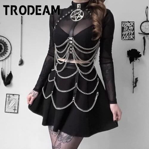 TRODEAM Leather Chain Belt Harness Set Women Body Bondage Harajuku Skirt With Garter High Waist Chain Suspenders Fetish Dance