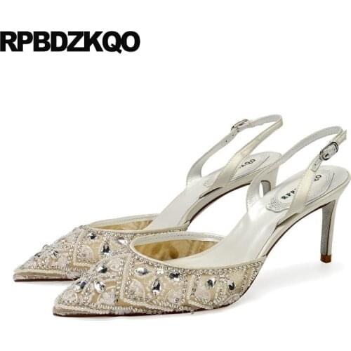 Ultra Diamond Rhinestone Lace 8cm High Heels Pointed Toe Quality Pumps Scarpin Crystal Shoes Women 2021 Beige Ladies Slingback