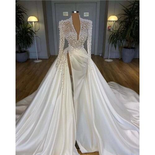 Vintage 2021 Plus Size Pearls Mermaid Wedding Dresses Bridal Gowns With Detachable Train V Neck Long Sleeve High Side Split Robe