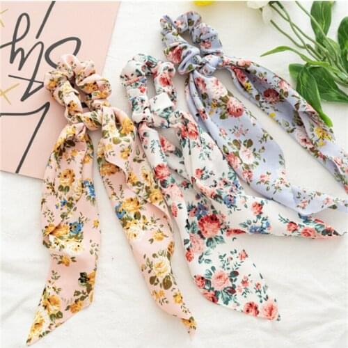 Fashion Floral Print Bow Satin Girls Elastic Hair Bands Long Ribbon Ponytail Scarf Hair Tie Women Scrunchies Hair Accessories
