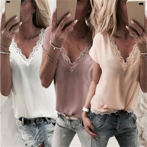 2020 Newly Summer Fashion Casual Women Ladies T-Shirts Tops 3 Style Short Sleeve V-Neck Lace Floral Solid Tops Size S/M/L/XL