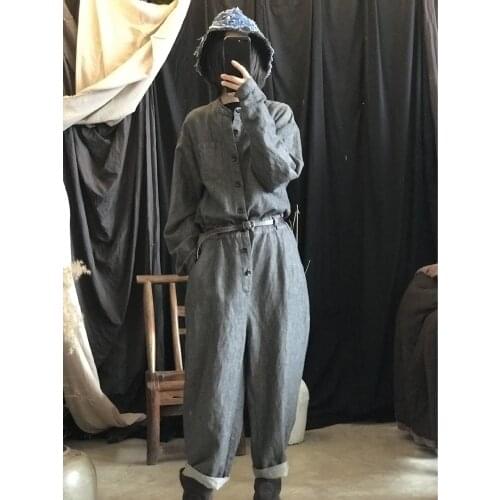 Women Loose Linen Stand Collar Rompers Jumpsuits Ladies Long Sleeve Flax Spring Autumn Overalls Female Jumpsuits 2021