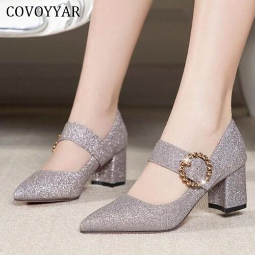 COVOYYAR Autumn Shoes Women Pumps 2021 Fashion Bling Pointed Toe Mary Janes Slip-on High Heels Party Buckle Casual Shoes WHH295