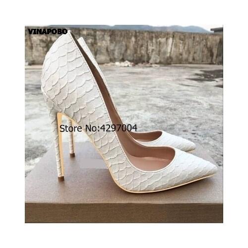 Sexy High Heel Shoes White Snake Print Leather Stilettos Shoes For Women Pointed Toe Slip-on Leather Dress Pumps wedding Shoes