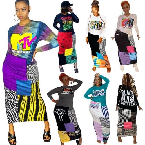 Geometric Tie Dye Letter Print Plus Size Dress Women Fashion O Neck Long Sleeve Club Party Dresses Vintage Stretchy Skinny Dress