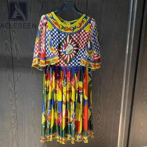 AELESEEN 100% Cotton Women Sicilian Dress High Quality Runway Fashion Flare Sleeve Poplin Retro Printing Elegant Holiday Dress