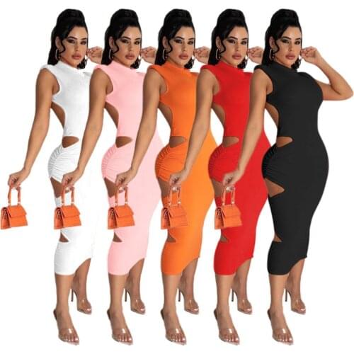 Women Midi Dress Solid Hole Back Hollow Out Sleeveless O-neck Sheath Elastic Mid Calf Dresses Sexy Night Dress Summer