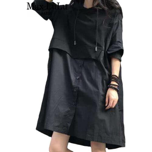 Max LuLu British 2021 Spring Designer Womens Hooded Black Dresses Ladies Patchwork Punk Style Vestidos Female Oversized Dress