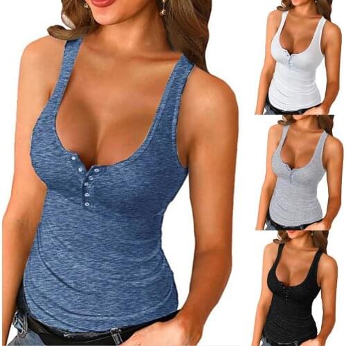 2021 Summer Sexy Women Vest Solid Color Sleeveless Buttons Low Cut Knitted Slim Top T-shirt for Sports Slim Under Wear