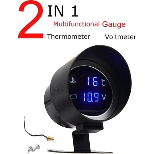 2 in 1 LCD Digital Car Truck Water Temp Gauge Voltmeter Volt Voltage Meter with NPT 1/8" Temperature Sensor fit 12V~24V
