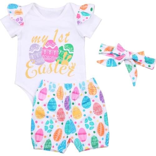 2021 Easter 0-18M Baby Girl 3Pcs Set 1st Letter Print Egg Short Sleeve Bodysuit+Colorful Shorts+Headband Toddler Clothes