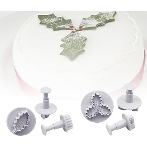 3Pcs/Set 3D Christmas Tree Leaf Cookie Cutter Fondant Sugar Craft Mold Leaves Stamp Plunger Cake Decorating Mould Baking Tools