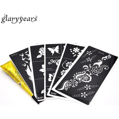 5 Pieces Medium Henna Stencil + 1 Piece Black Henna Paste DIY Drawing Hollow Tattoo Template Body Arm Chest Back Art Paint Beach