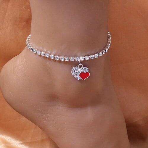 Stonefans Beach Accessories Rhinestone Double Heart Anklet for Women Fashion Crystal Love Tennis Leg Chain Bracelet Jewelry Gift
