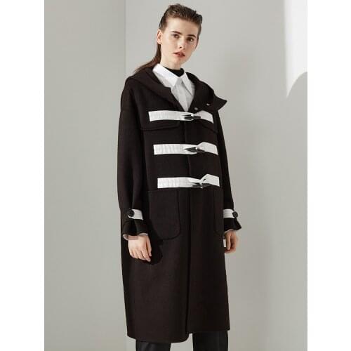 Albaca High End Double Faced Cashmere Overcoat Womens Middle Long Black Horn Button Hooded Super Fine Wool Jacket