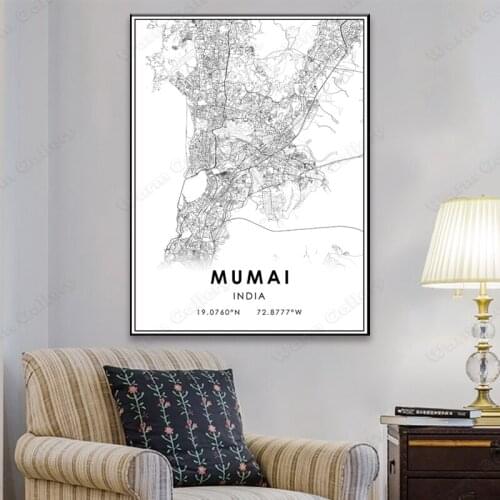 Black and White India City Map The Mumai City Map Poster HD Print Wall Art Canvas Nordic Landscape Painting for Home Decor