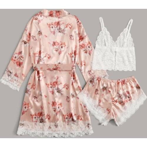 Sexy Lace Print Women 3PCS Robe Pajamas Set Bride Dressing Gown Plus Size 3XL Rayon Nightdress Lingerie Home Sleepwear Bathrobe
