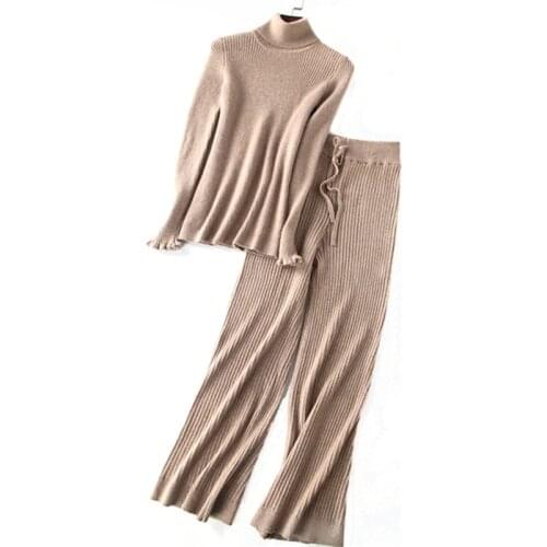 Cashmere wool dark striped knit women sweater suits turtleneck pullover wide-leg pants 2pcs/set EUsize S/M/L/XL retail customize