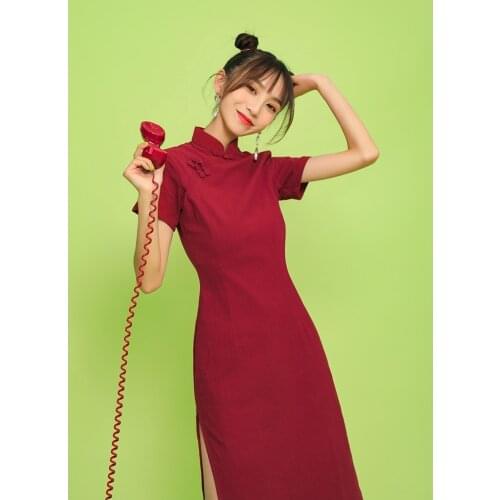 Summer Pure Red Chinese Traditional Cheongsam Improved Bodycon Short-sleeved Vintage Dress Party Elegant Midi Dresses Qipao