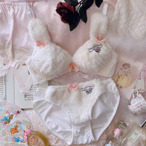 Girls Plush Bra Briefs Set Japanese Kawaii Cute Cartoon Long Ear Doggy Lingerie Wire Free Cotton Underwear Sweet Lolita Clothes
