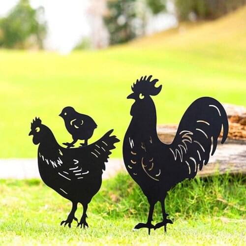 3PC metal Garden Figurine Hen Sculpture Backyard Lawn Home Furnishing Articles Hen + rooster + Small Chick Easter Decoration
