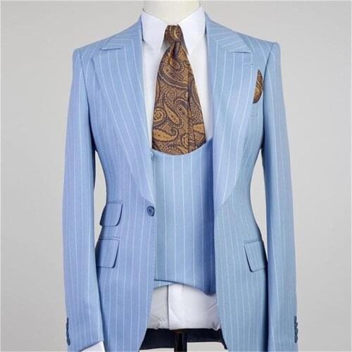 Costume Homme Light Blue Stripe Men Suits 3 Pieces One Button Peak Lapel Casual Groom Wedding Terno Masculino Slim fit Blazer