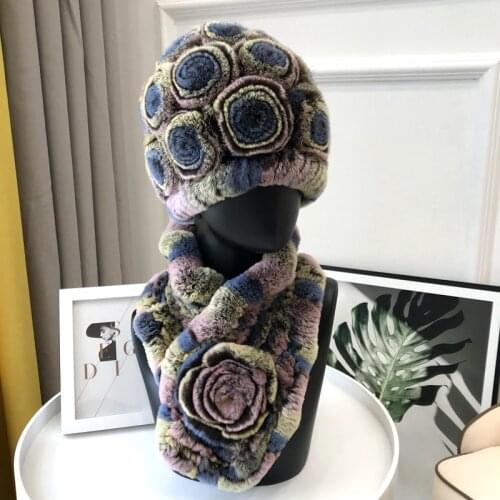 Winter Natural Rex Rabbit Fur Caps & Straight Rex Rabbit Fur Scarves Set Knitted Women Warm Real Fur Caps Scarf Set